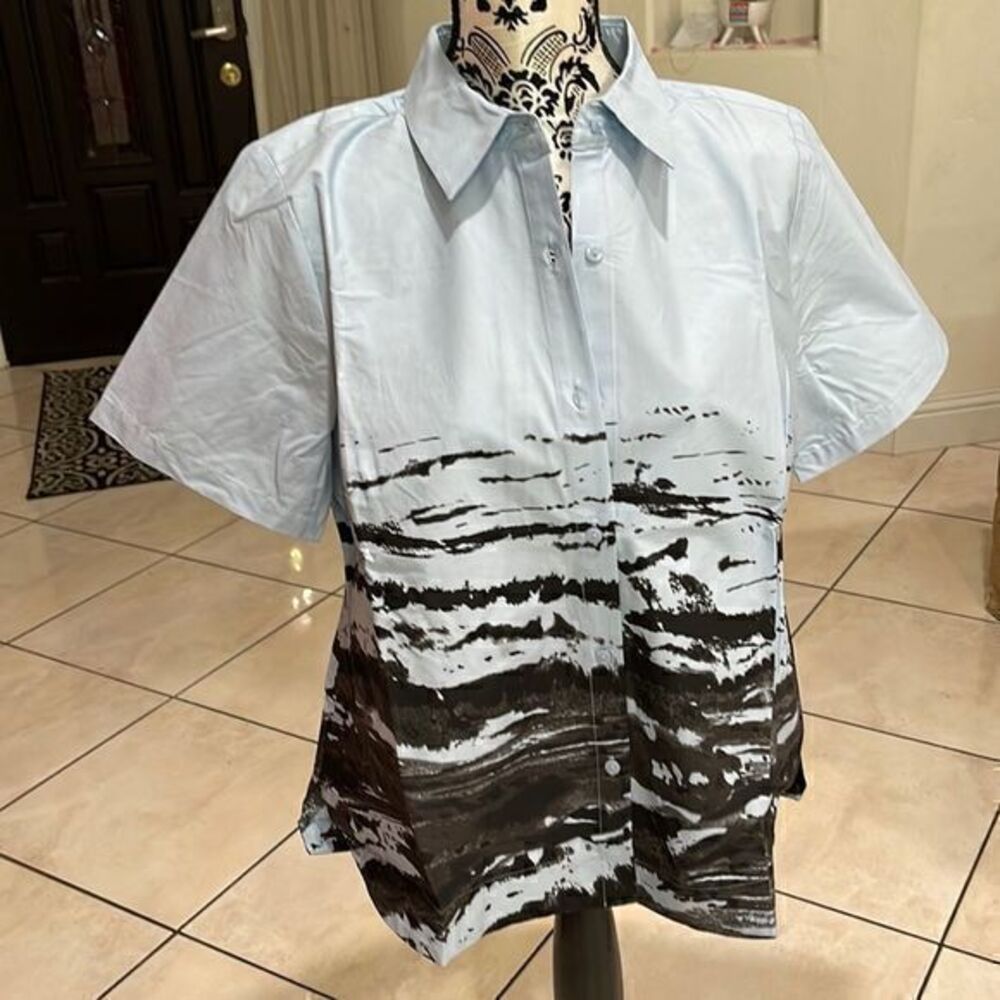 Alfani Women Blouse Blue Astral Vision Size Medium Abstract-Print Button-Up $79